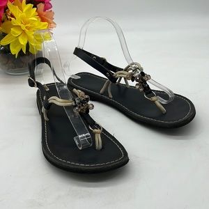 Orvis Black Leather Rope Thong Sandals with cute bead embellishment charm Size 9